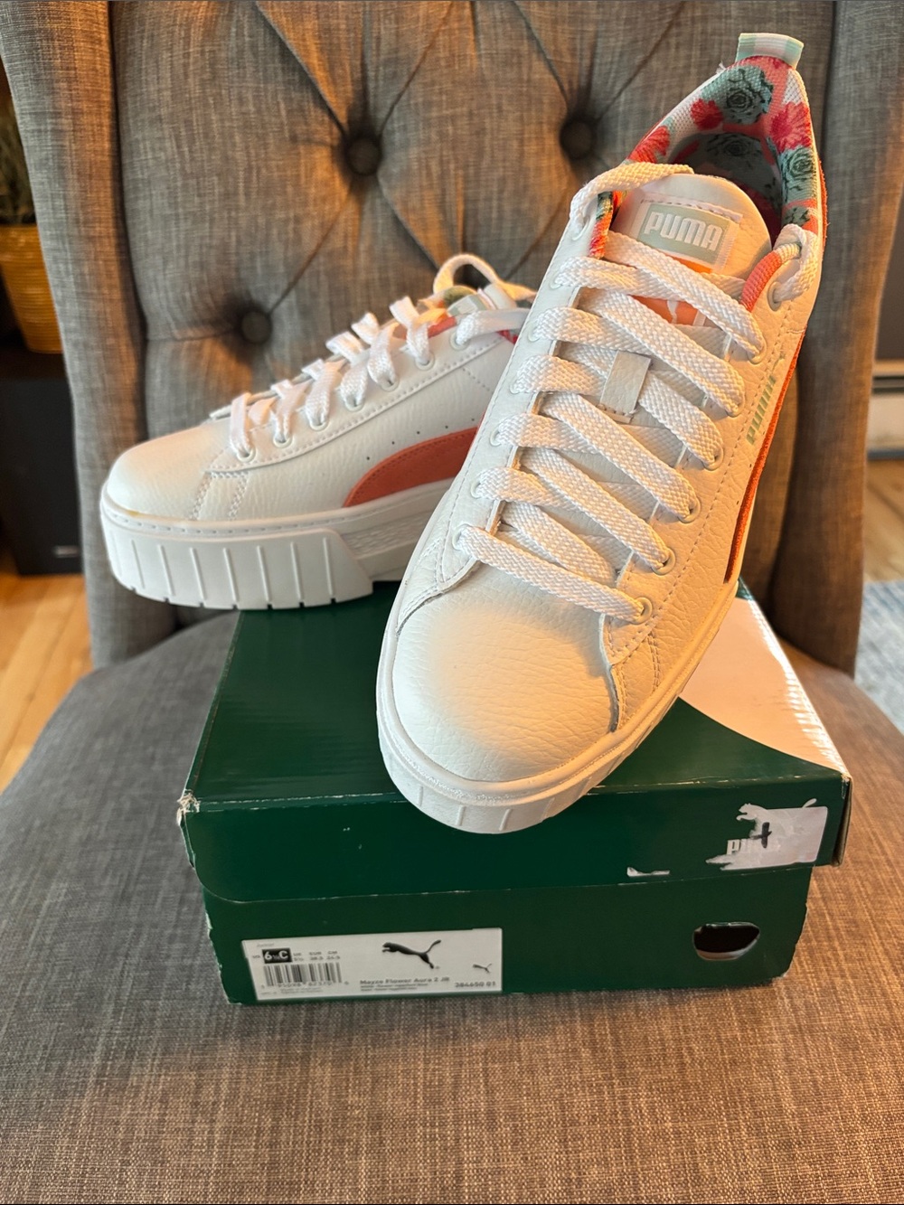 Puma Kids White Sneakers with Coral Accent and Floral Lining